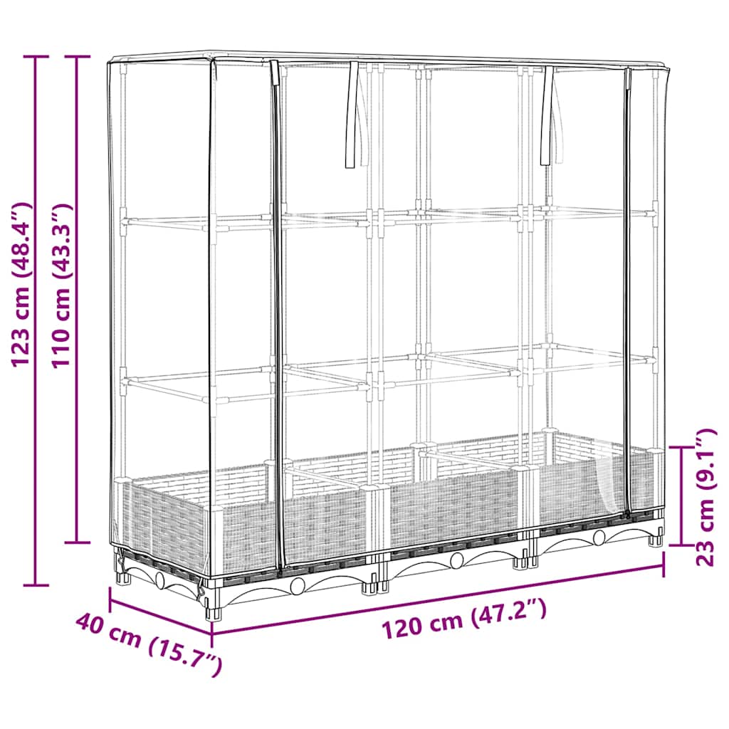 Povišena gredica s pokrovom za staklenik izgled ratana 120x40x123 cm