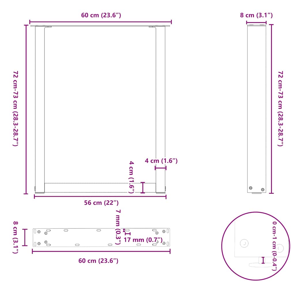 Noge za blagovaonski stol U-oblik 2 kom Prirodni čelik 60 x (72-73) cm Čelik