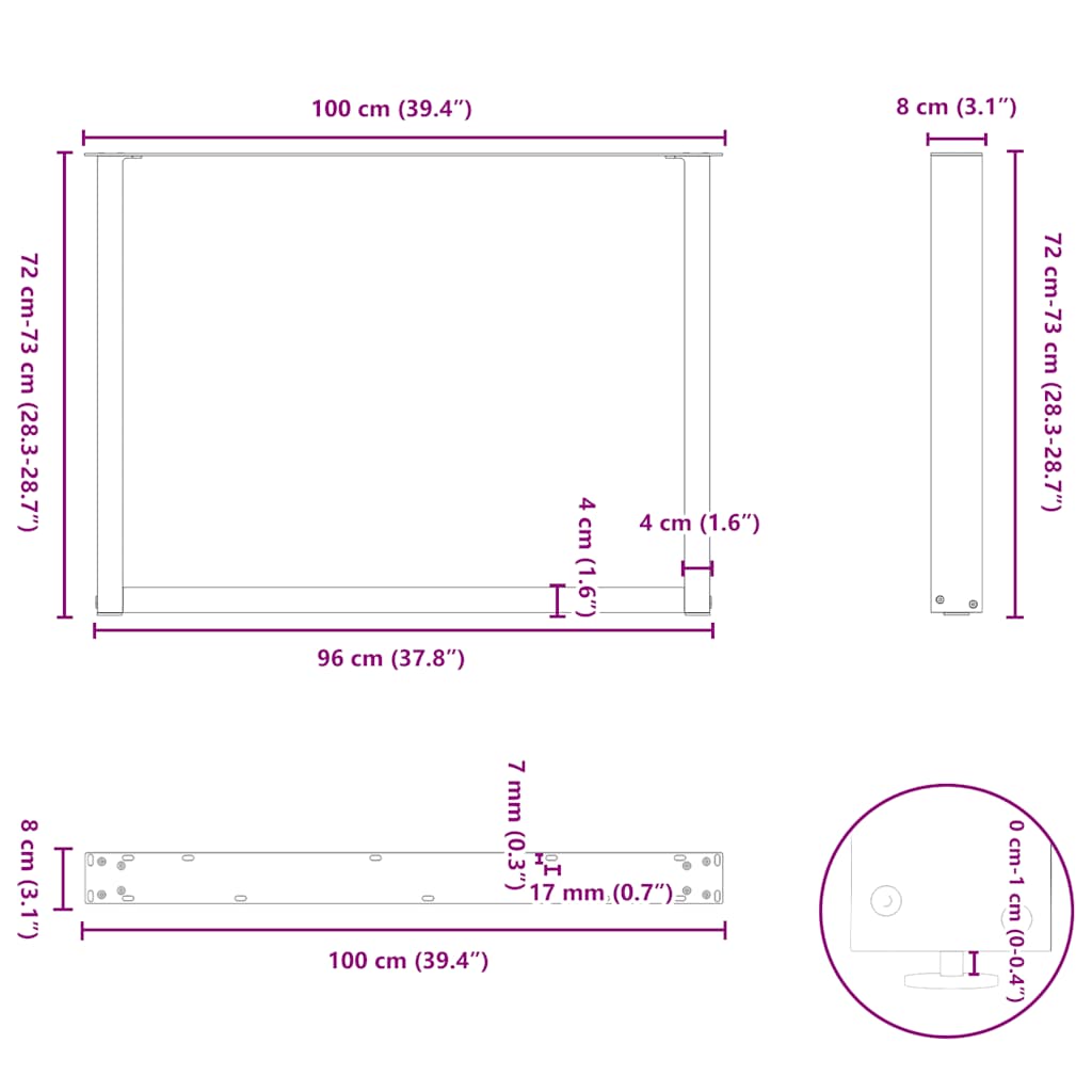 Noge za blagovaonski stol U-oblik 3 kom Prirodni čelik 100 x (72-73) cm Čelik