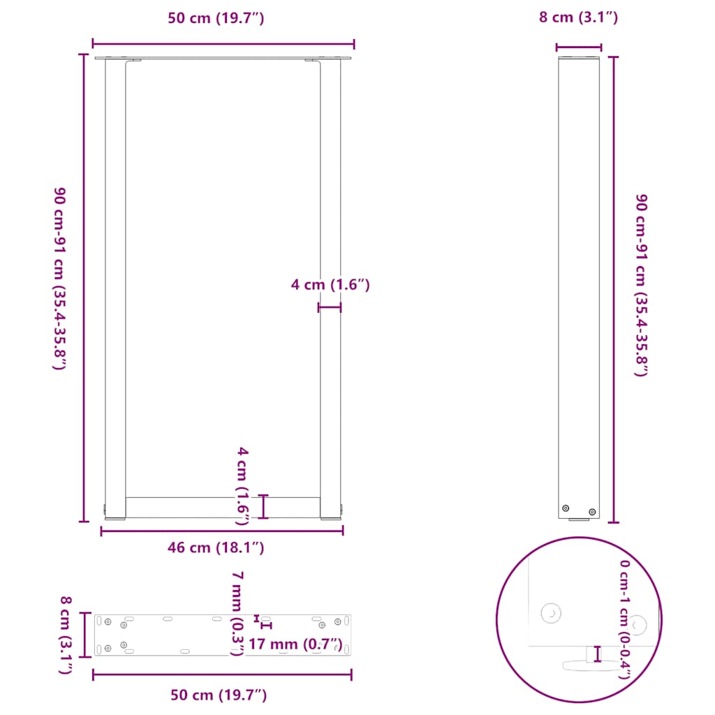 Noge za barski stol U-oblika 2 kom Crne 50 x (90-91) cm Čelik