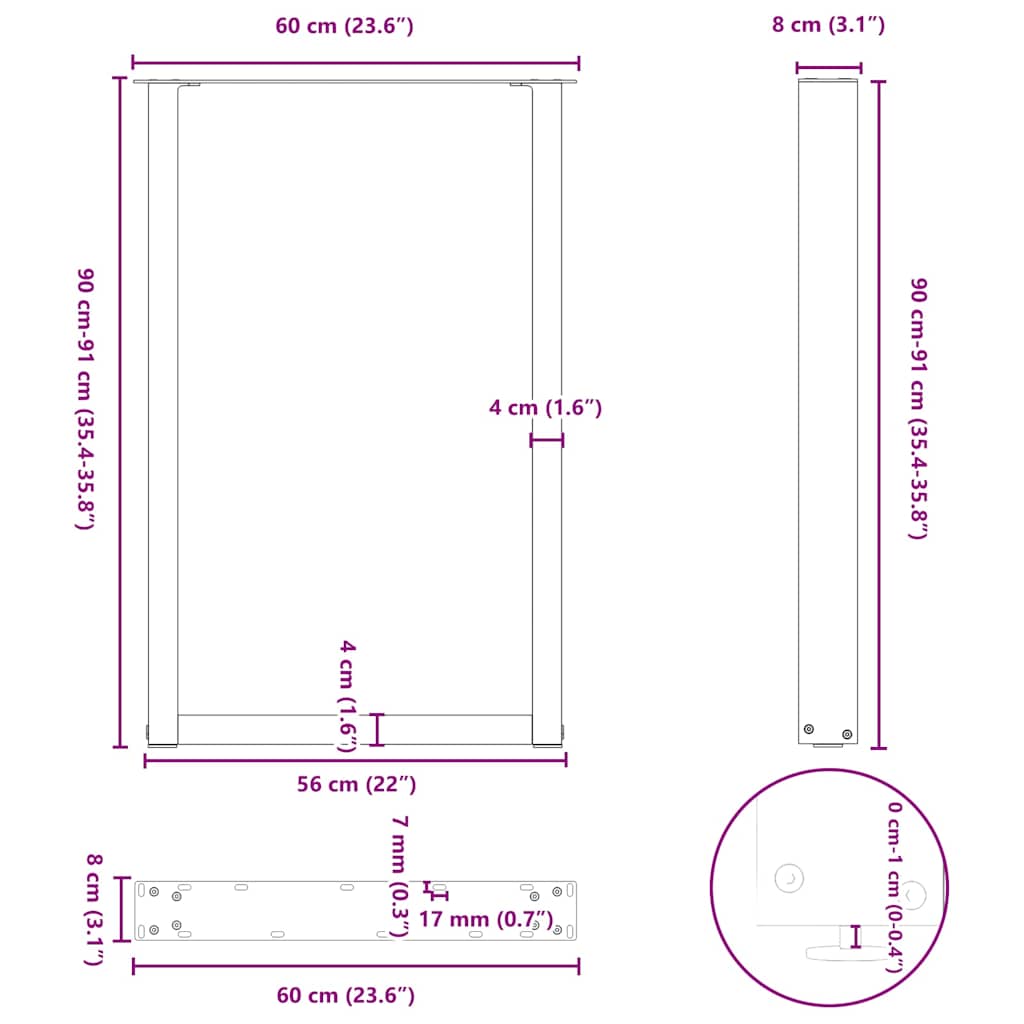 Noge za barski stol U-oblik 2 kom Prirodni čelik 60 x (90-91) cm Čelik