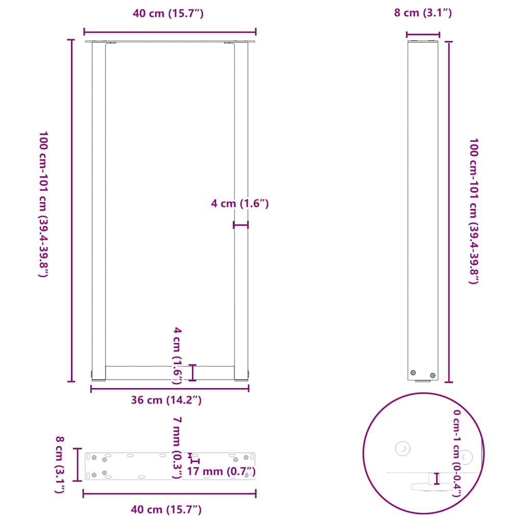 Noge za barski stol U-oblika 2 kom Crne 40 x (100-101) cm Čelik