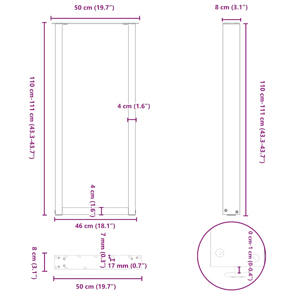 Noge za barski stol U-oblika 2 kom Crne 50 x (110-111) cm Čelik