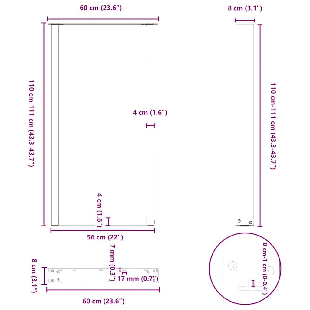 Noge za barski stol U-oblik 2 kom Prirodni čelik 60 x (110-111) cm Čelik