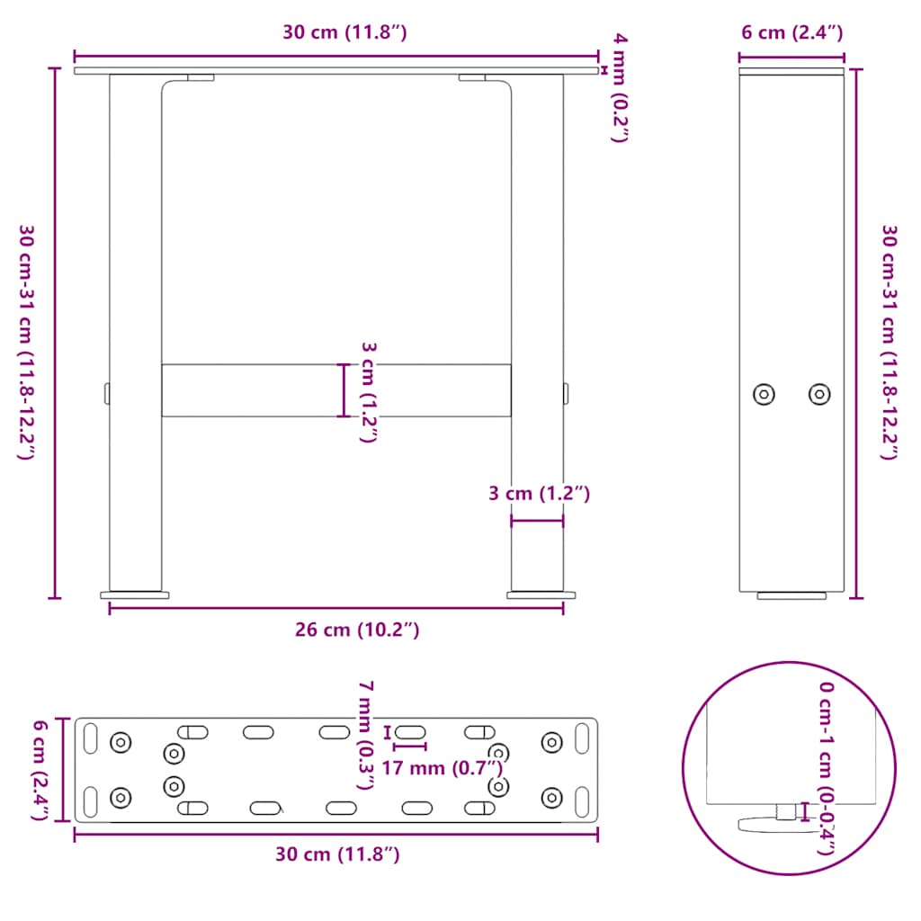 Noge za klub stolić bijele 2 kom 30 x (30-31) cm čelik
