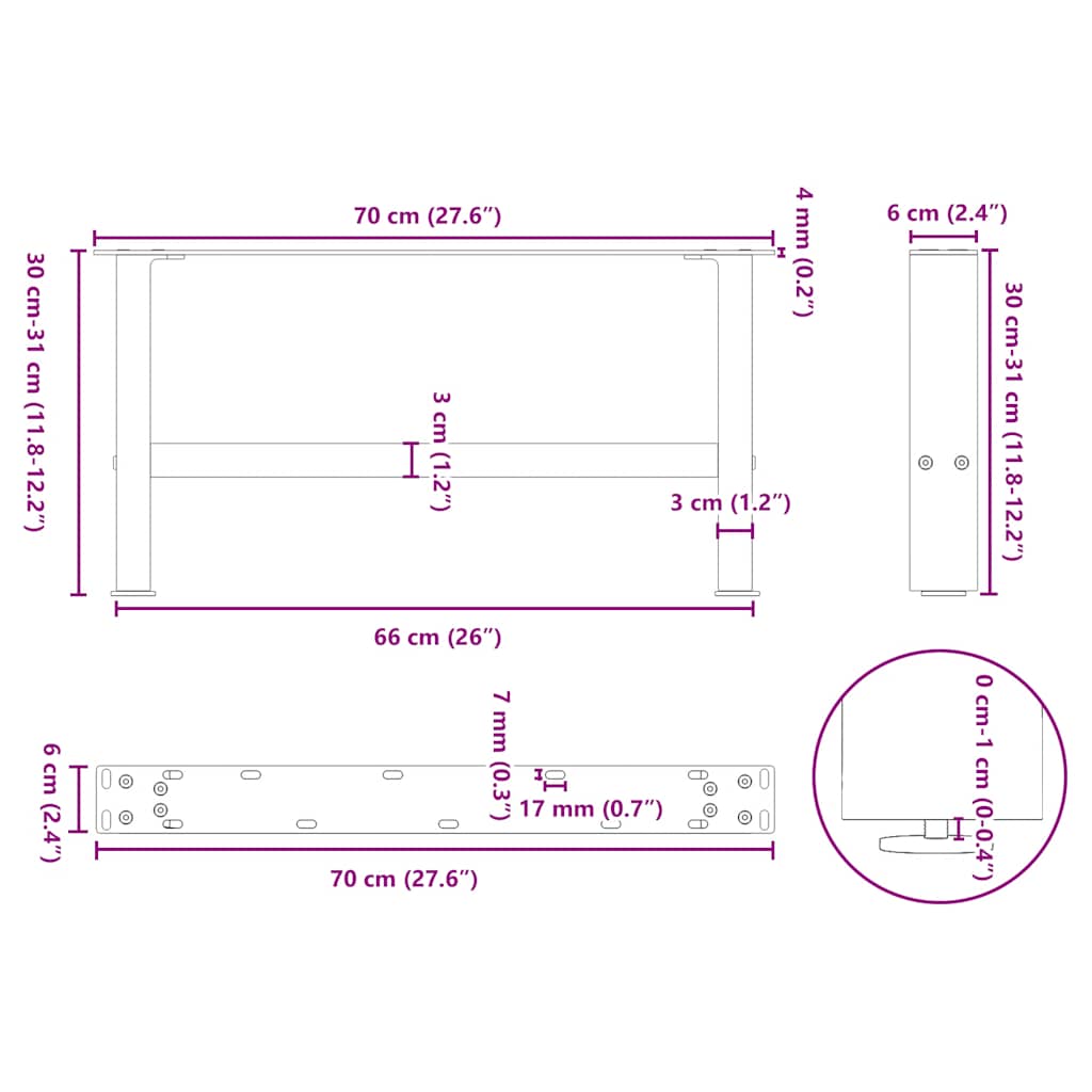Noge za klub stolić prirodni čelik 2 kom 70 x (30-31) cm čelik