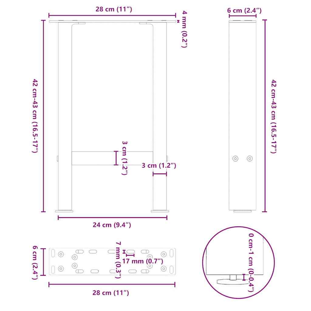 Noge za klub stolić bijele 2 kom 28 x (42-43) cm čelik