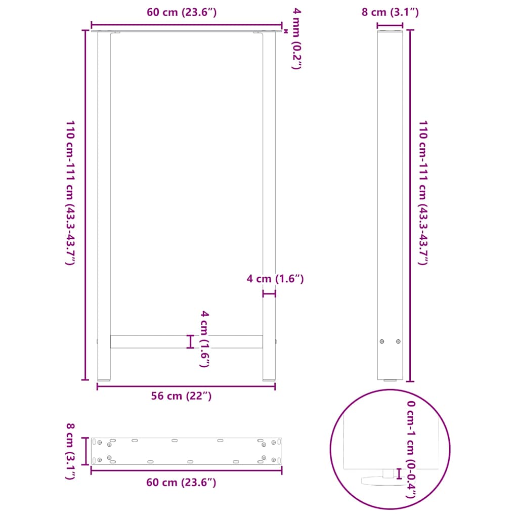 Noge za barski stol Prirodni čelik 2 kom 60 x (110-111) cm Čelik
