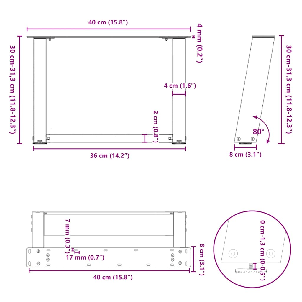 Noge za klub stolić U-oblik 2 kom Bijele 40 x (30-31) cm Čelik