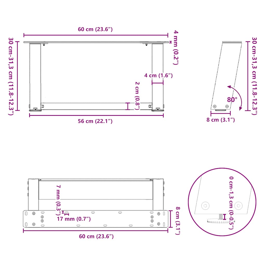 Noge za klub stolić U-oblik 2 kom antracit 60 x (30-31) cm čelik