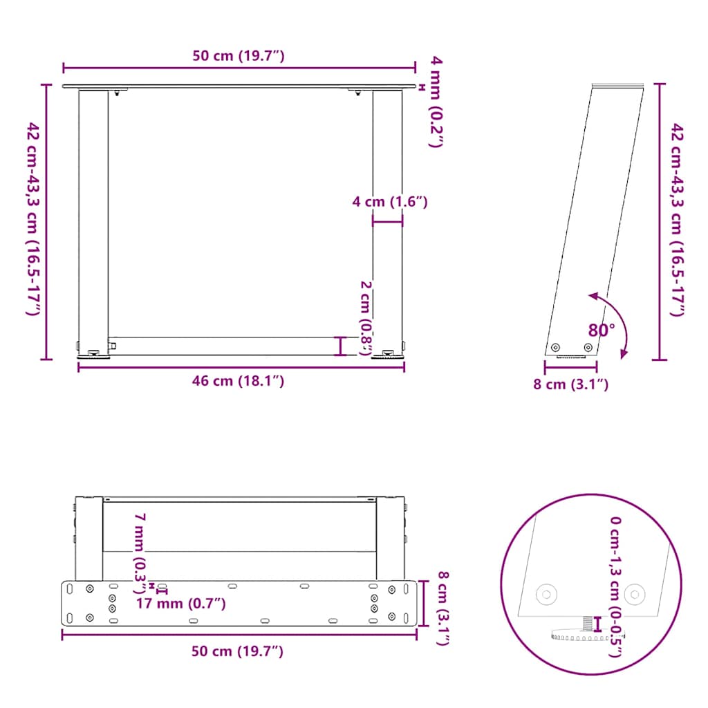 Noge za klub stolić U-oblik 2 kom Bijele 50 x (42-43) cm Čelik