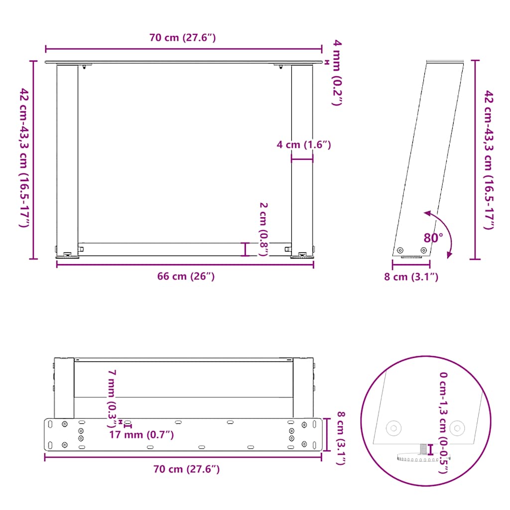 Noge za klub stolić U-oblik 2 kom Bijele 70 x (42-43) cm Čelik