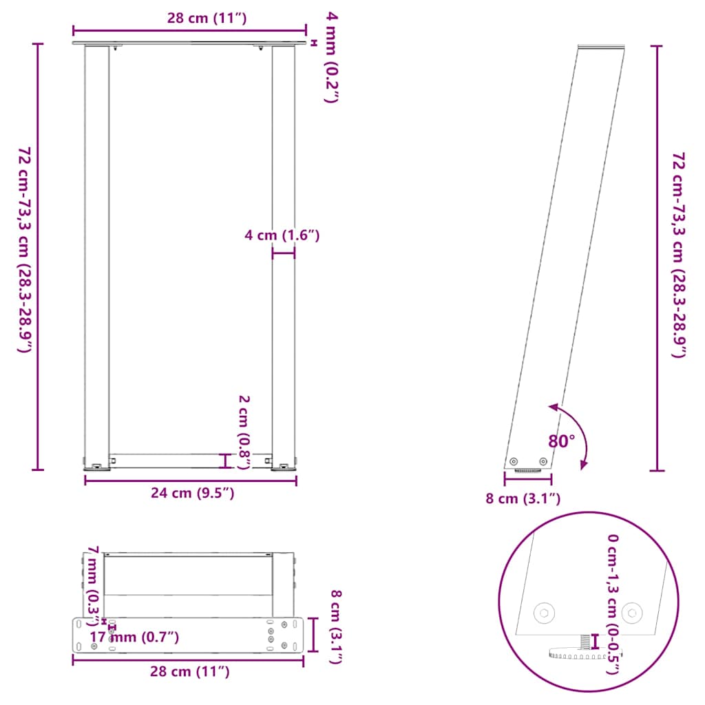 Noge za konzolni stol u obliku slova U, 2 kom, antracit, 28 x (72-73) cm, čelik