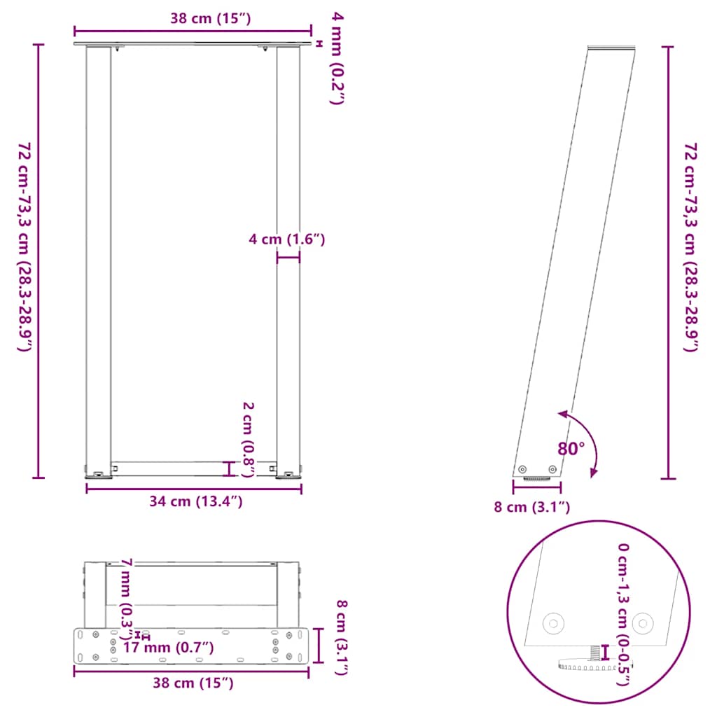 Noge za konzolni stol U-oblik 2 kom Bijele 38 x (72-73) cm Čelik