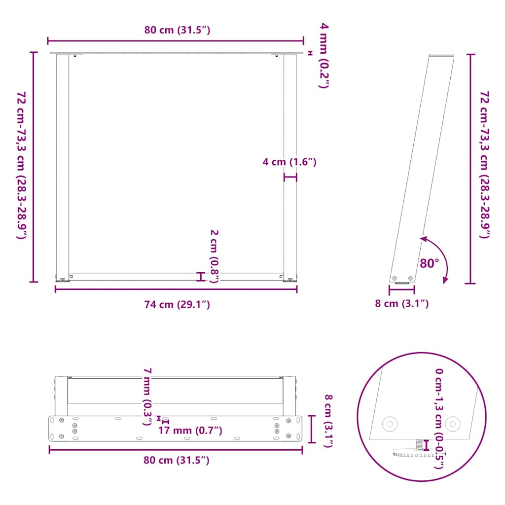 Noge za blagovaonski stol U-oblik 2 kom Bijele 80 x (72-73) cm Čelik