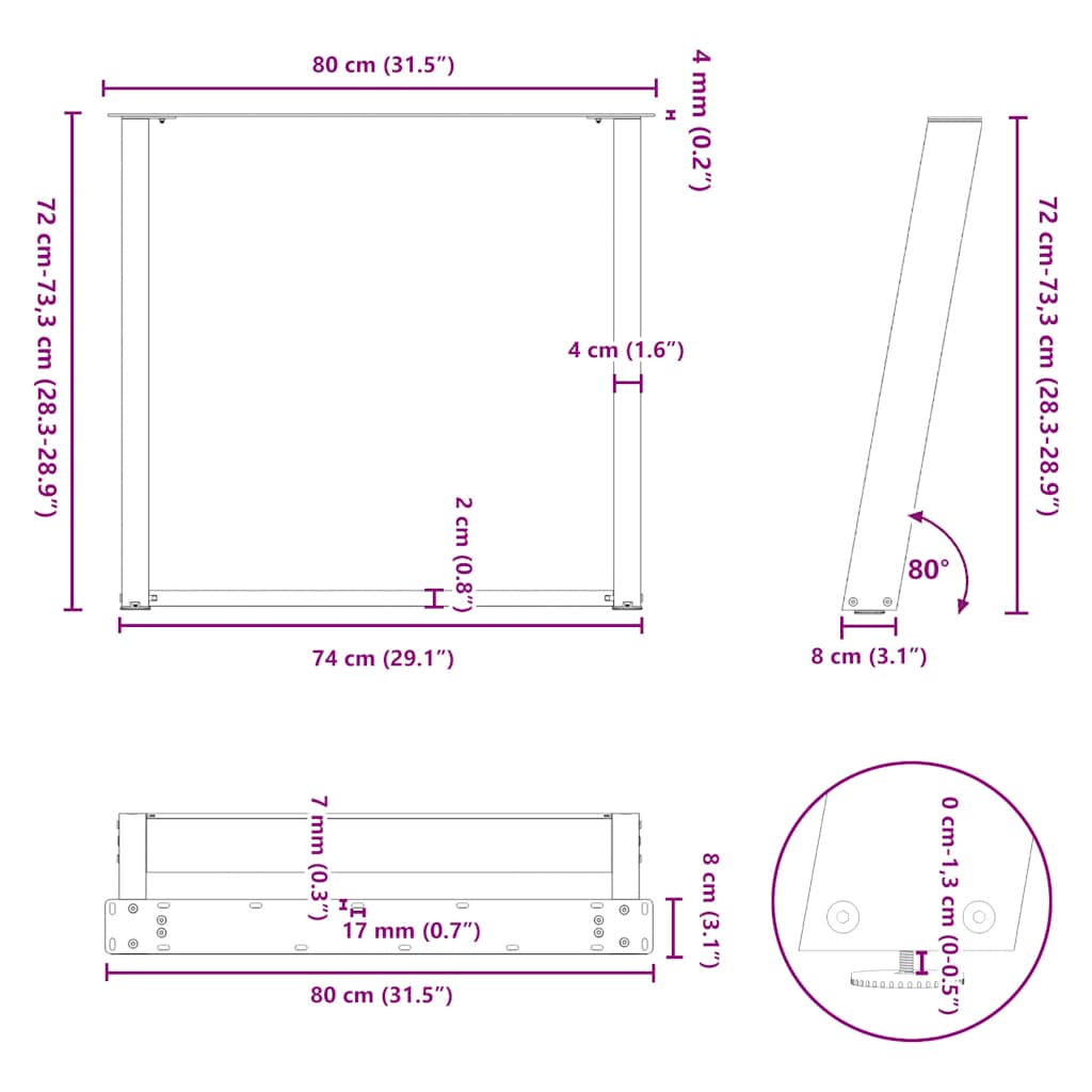 Noge za blagovaonski stol U-oblik 2 kom Prirodni čelik 80 x (72-73) cm Čelik