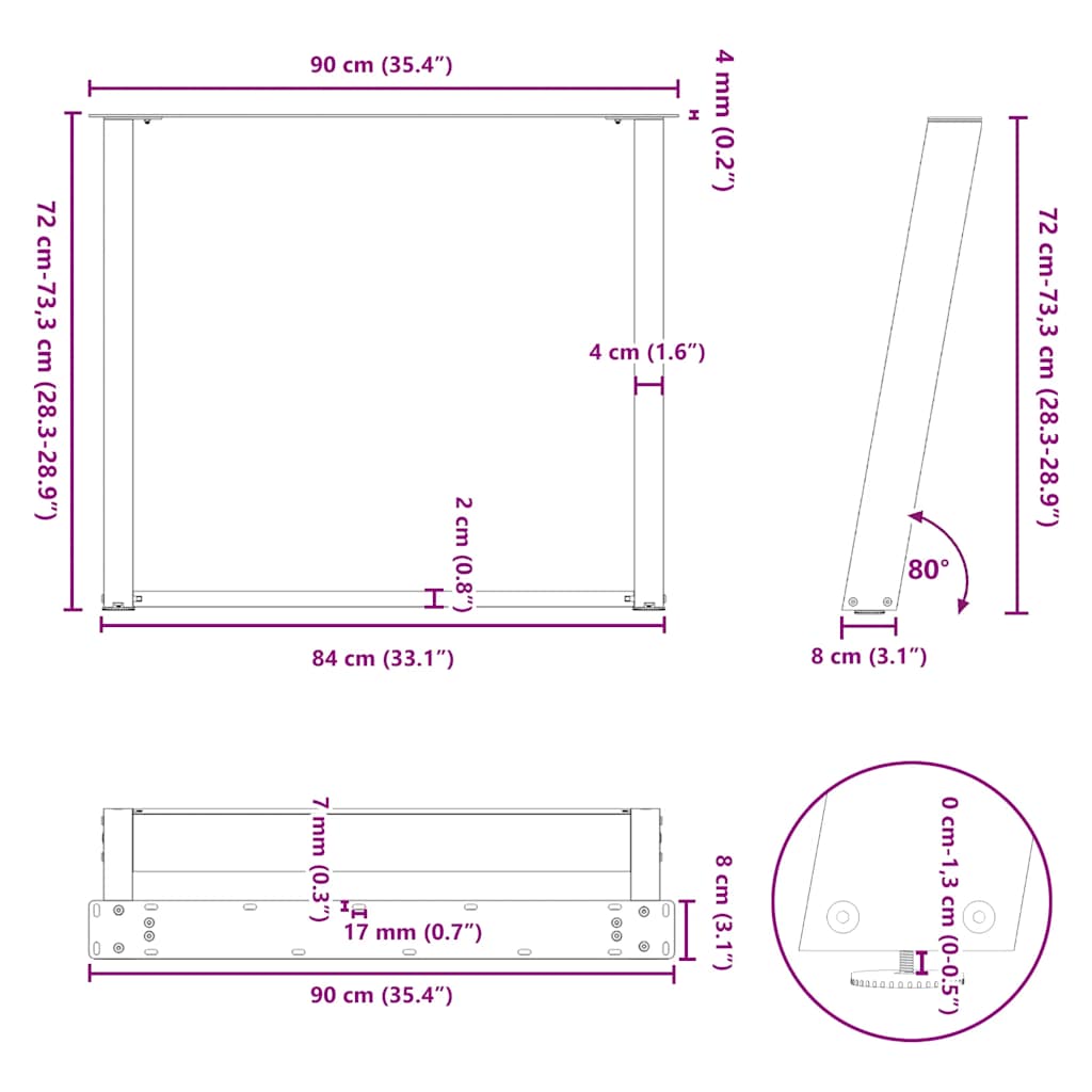 Noge za blagovaonski stol U-oblik 2 kom Crne 90 x (72-73) cm Čelik