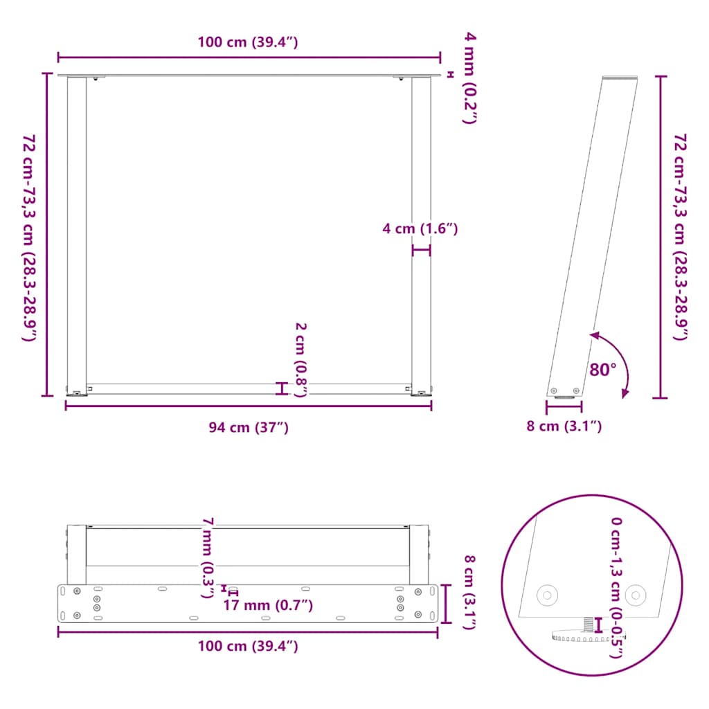 Noge za blagovaonski stol U-oblik 2 kom Bijele 100 x (72-73) cm Čelik