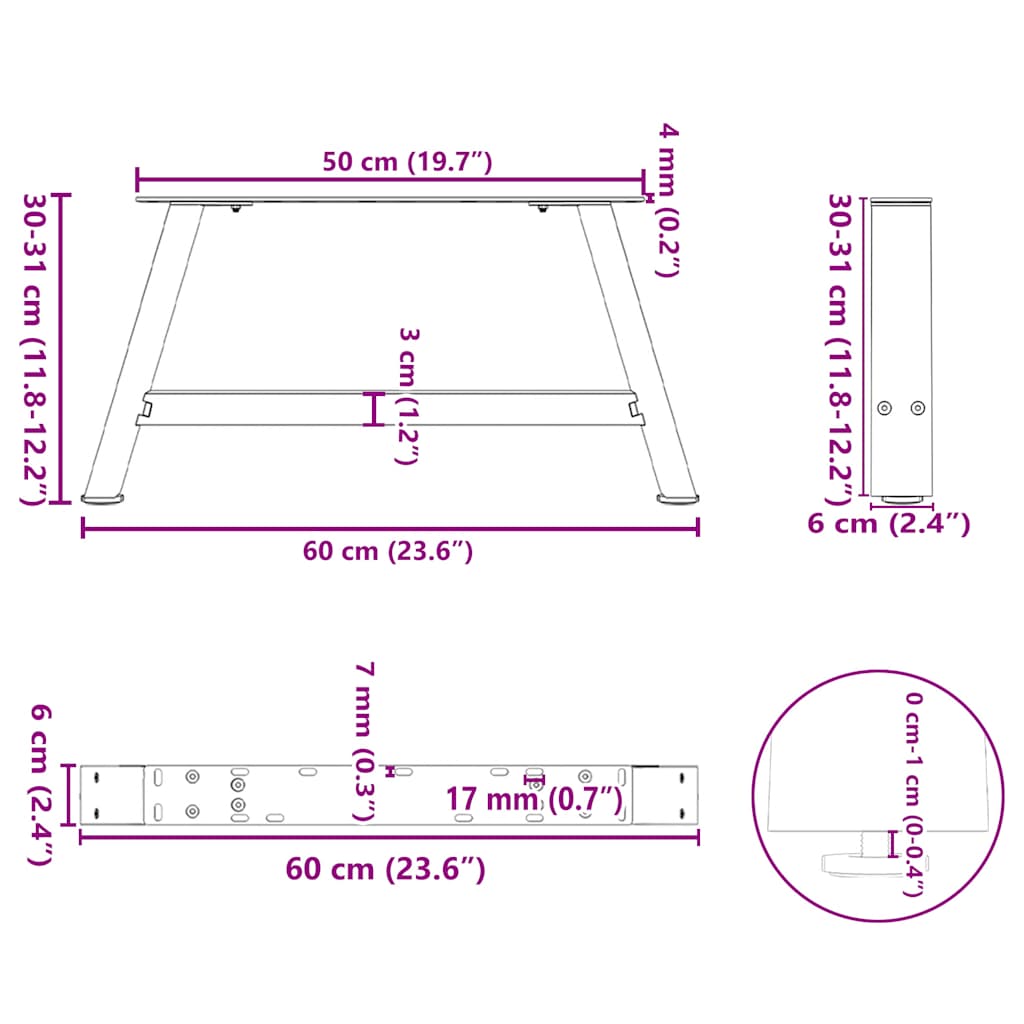Noge za klub stolić A-oblika 2 kom 60 x (30-31) cm čelik