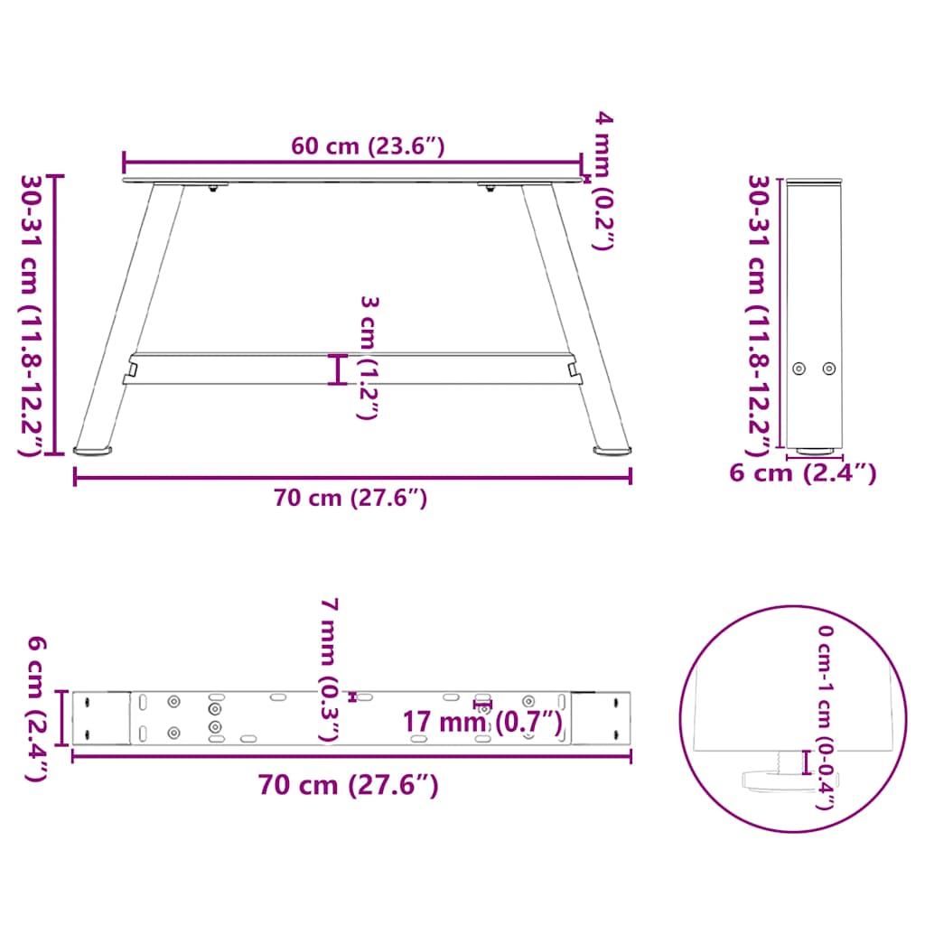 Noge za klub stolić A-oblika 2 kom Bijele 70 x (30-31) cm Čelik