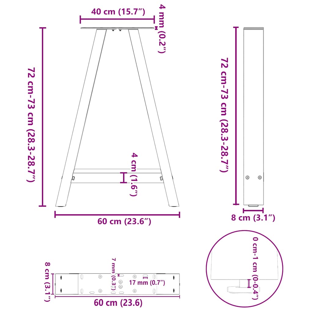Noge za blagovaonski stol A-oblika 2 kom Bijele 60 x (72-73) cm Čelik