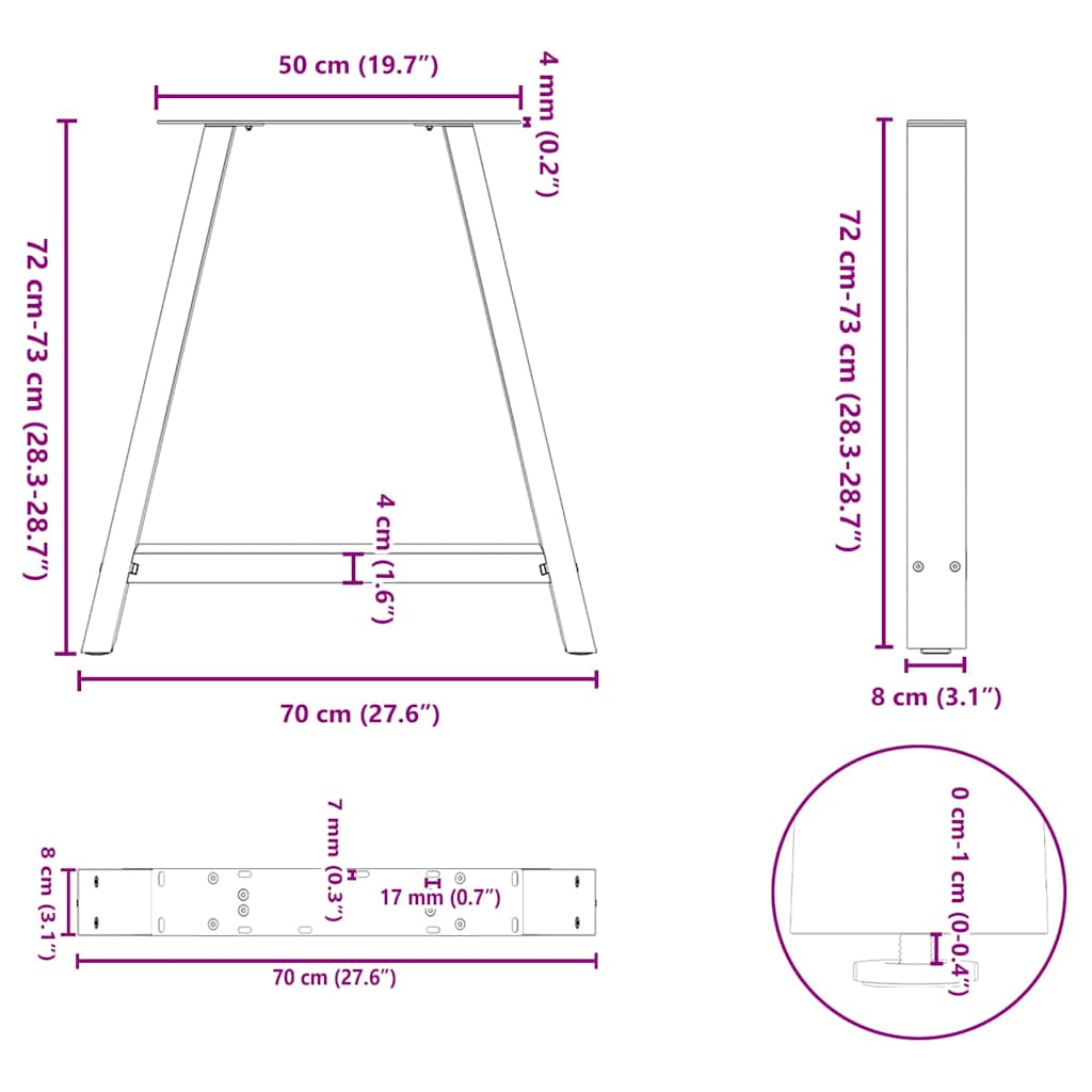Noge za blagovaonski stol A-oblika 2 kom Crne 70 x (72-73) cm Čelik