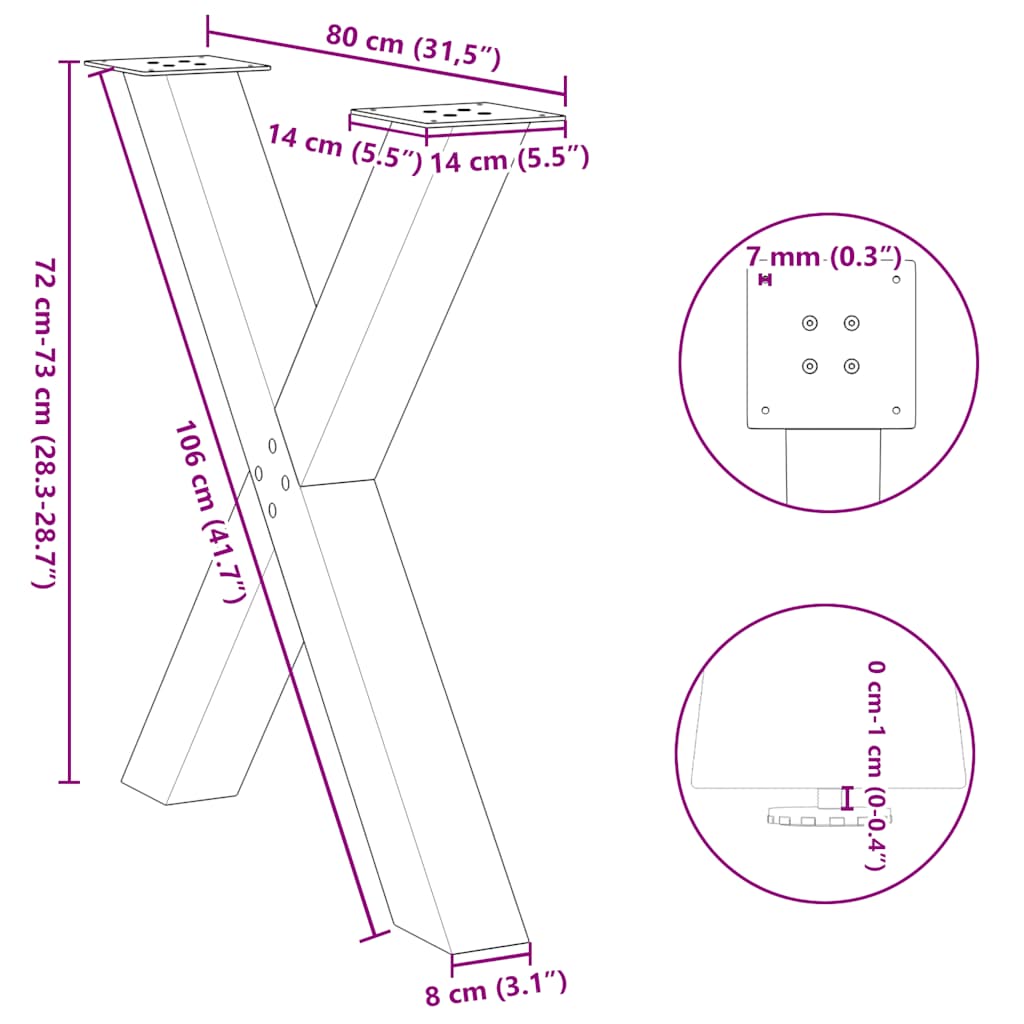 Noge za blagovaonski stol X-oblikovane 3 kom Bijele 80 x (72-73) cm Čelične
