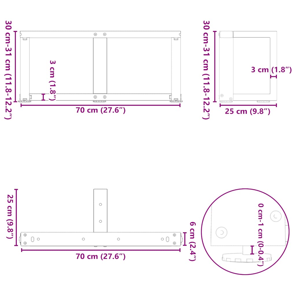 Noge za klub stolić T-oblika 2 kom Bijele 70x25x(30-31) cm Čelik