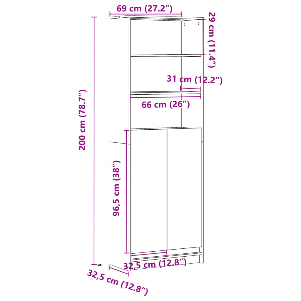 Visoka komoda LED boja hrasta 69x32,5x200 cm konstruirano drvo