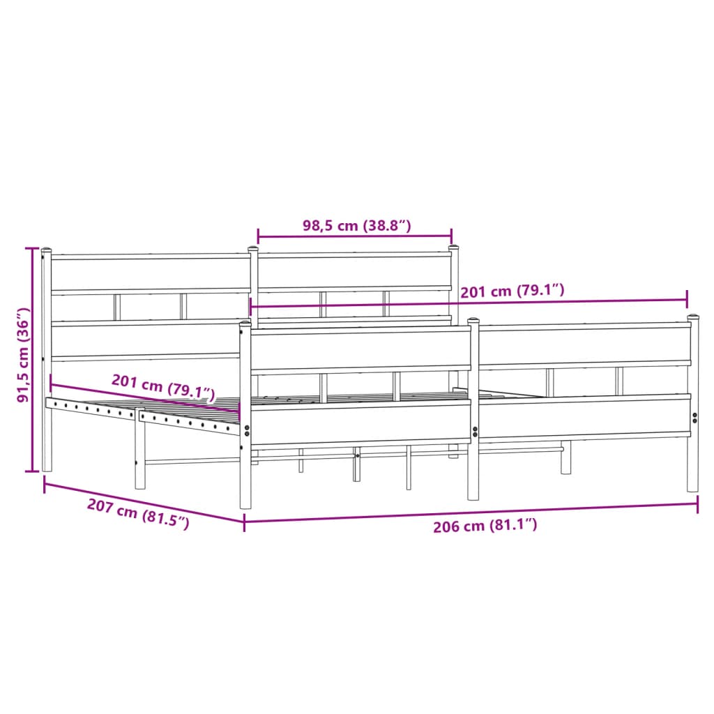 Metalni okvir kreveta bez madraca boja hrasta sonome 200x200 cm