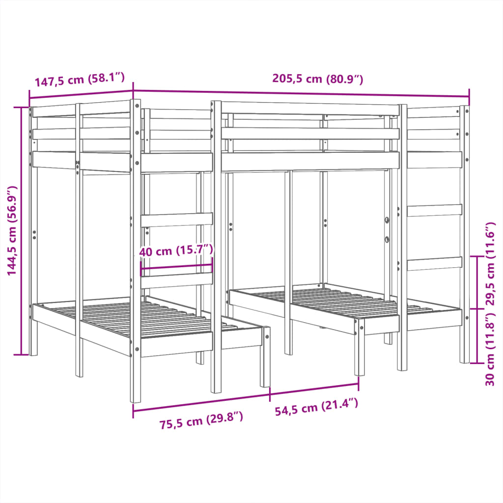 Trostruki okvir kreveta na kat 140x200 / 70x140 cm od borovine