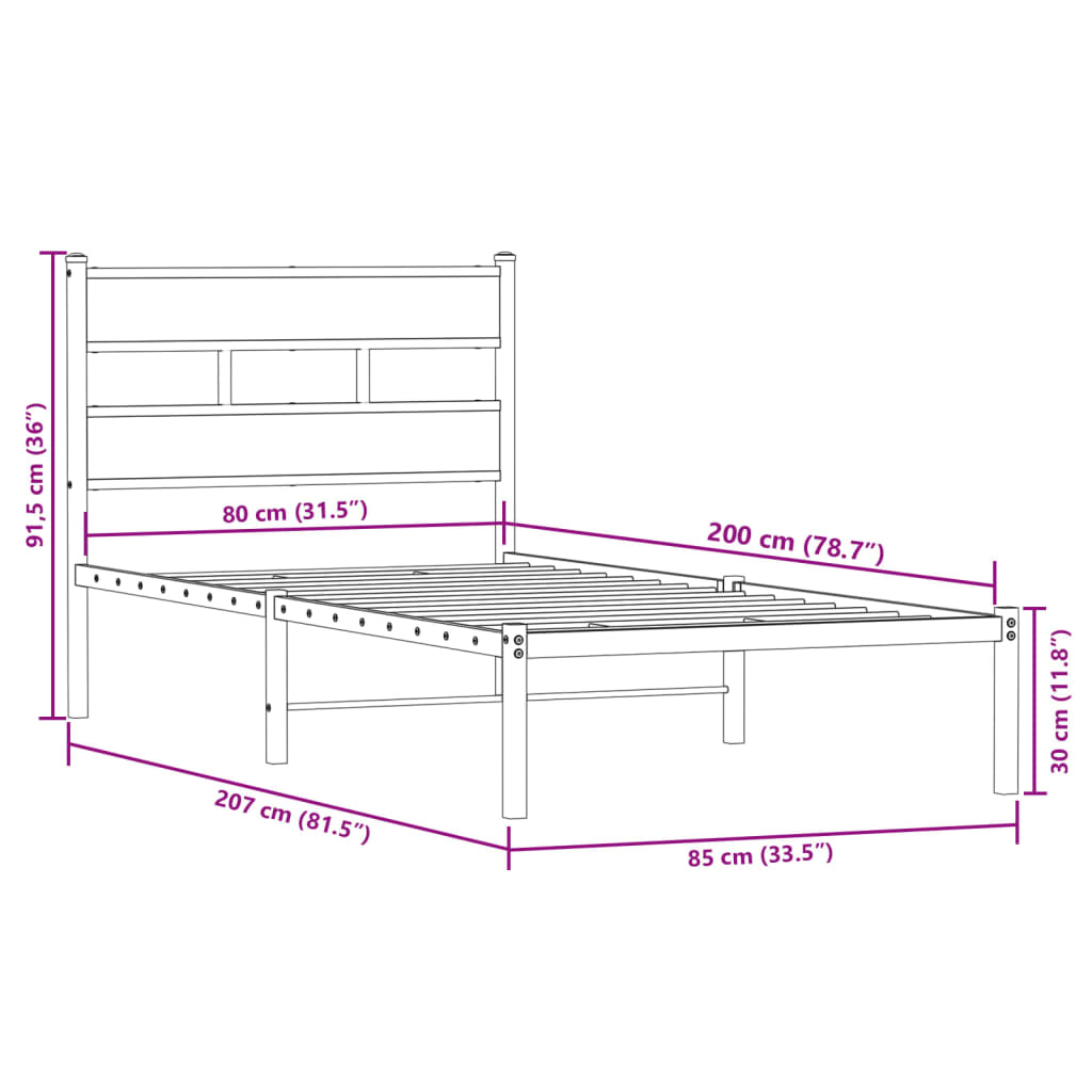 Metalni okvir kreveta bez madraca boja hrasta 80x200 cm