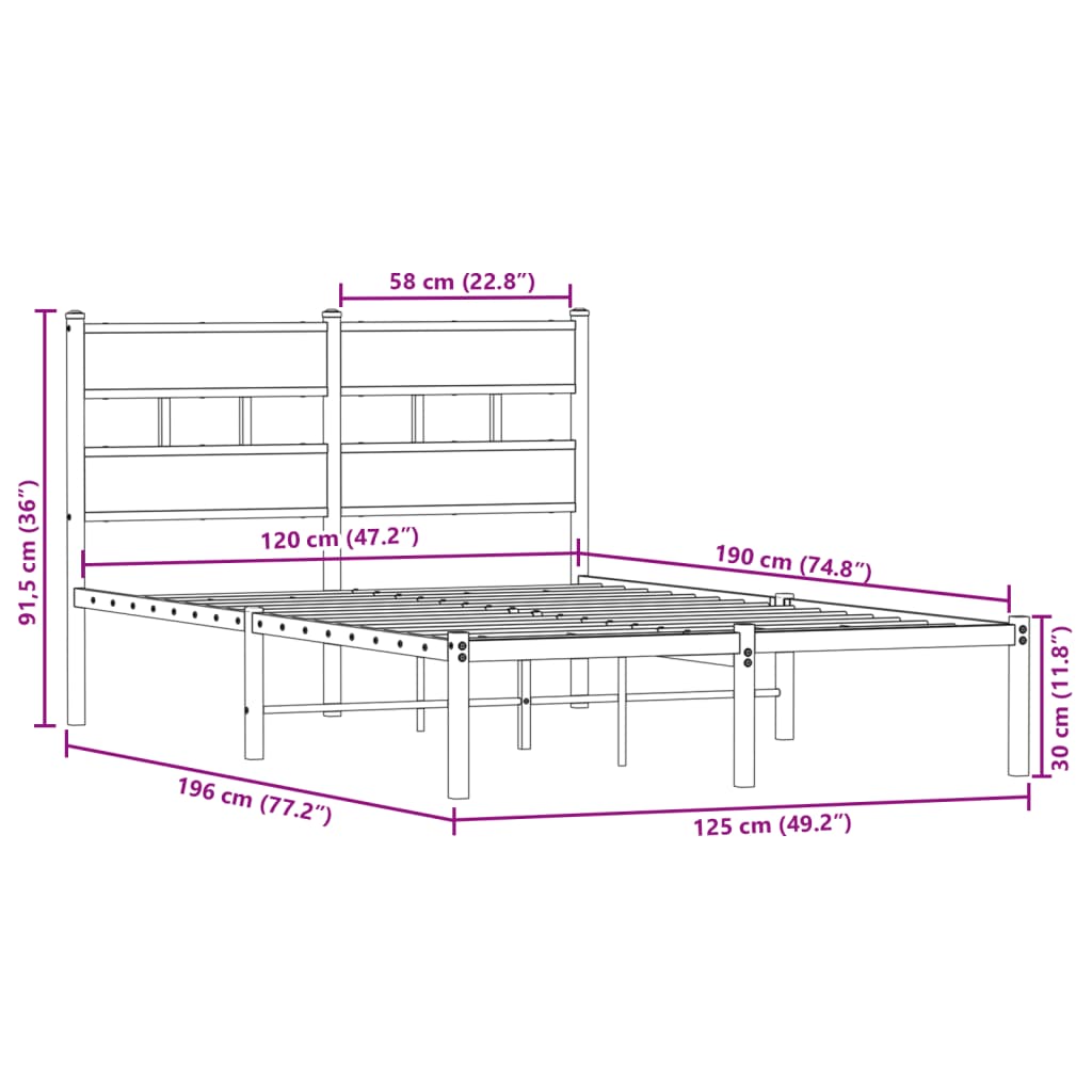 Metalni okvir kreveta bez madraca boja hrasta 120x190 cm
