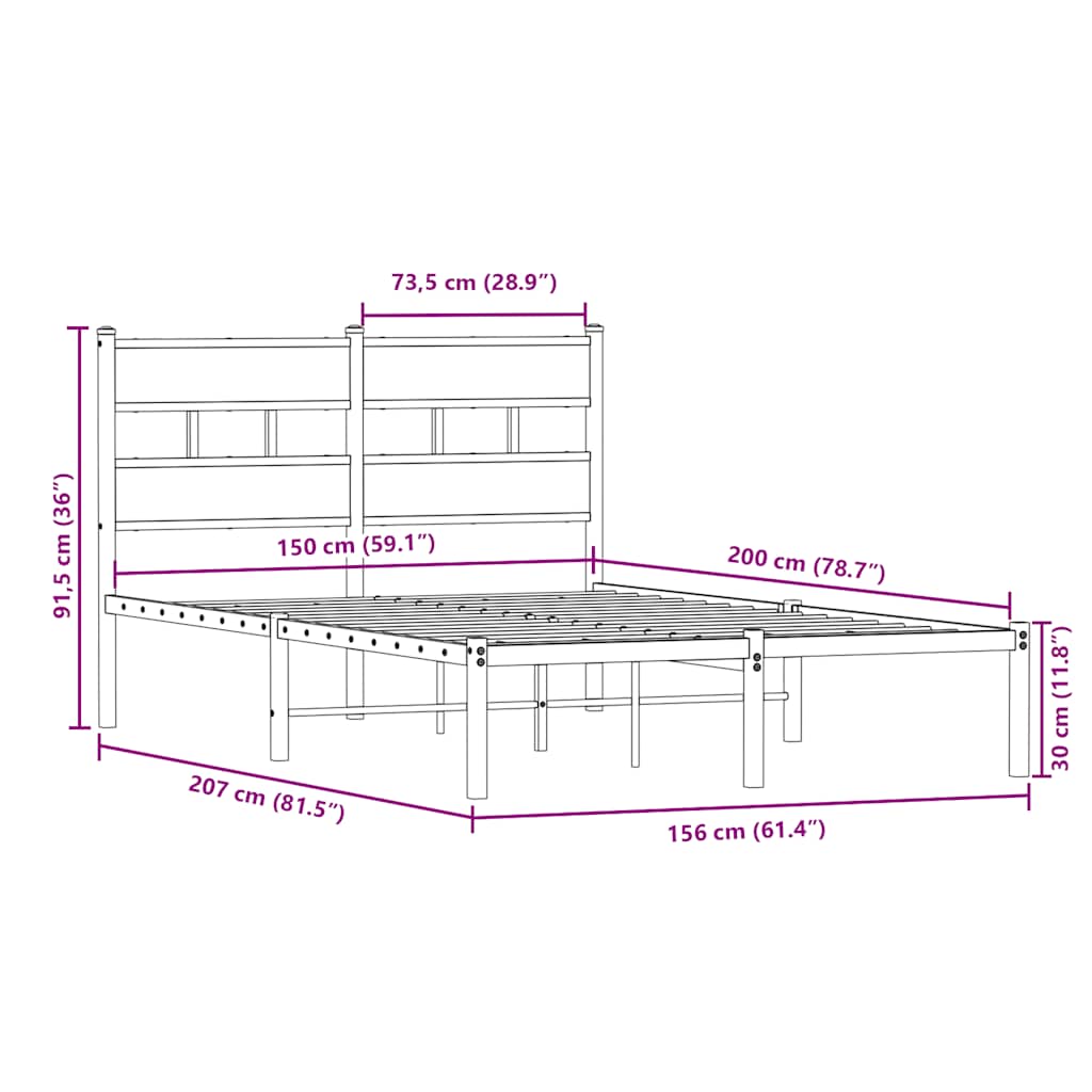 Metalni okvir kreveta bez madraca boja hrasta 150 x 200 cm