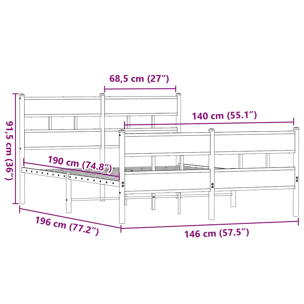 Metalni okvir kreveta bez madraca boja hrasta 140x190 cm