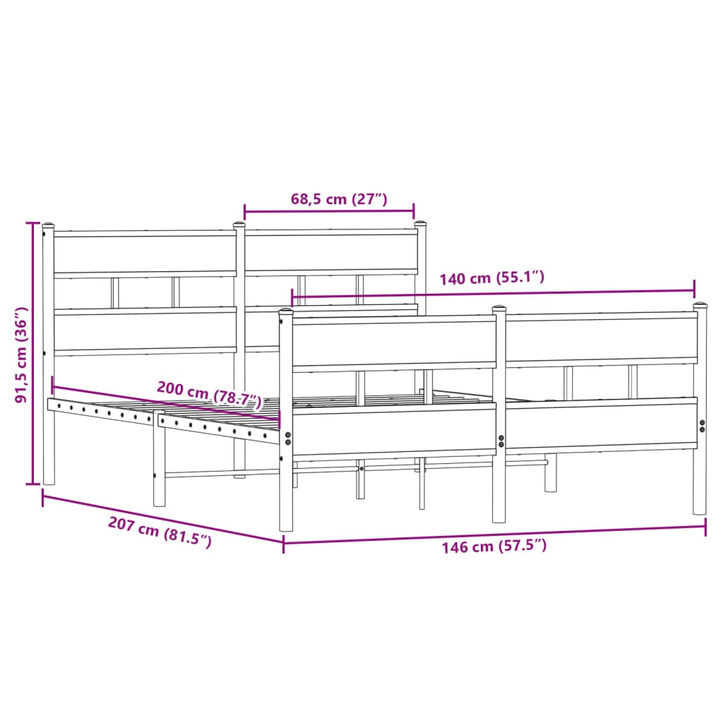 Metalni okvir kreveta bez madraca boja hrasta 140x200 cm