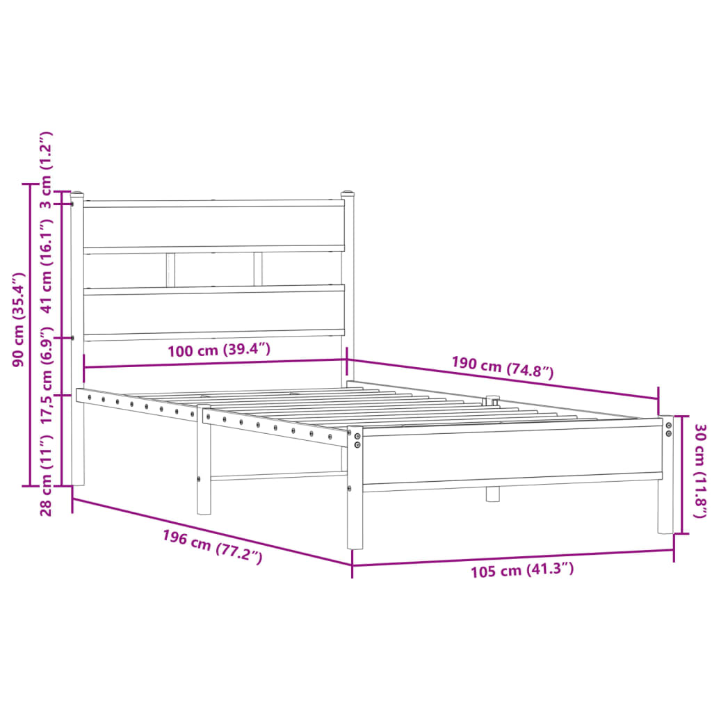 Okvir kreveta bez madraca s uzglavljem boja hrasta 100 x 190 cm