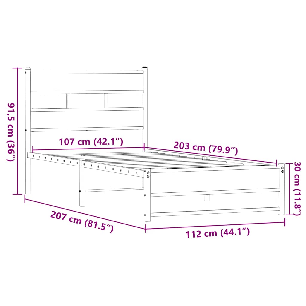 Metalni okvir kreveta bez madraca smeđi hrast 107x203 cm