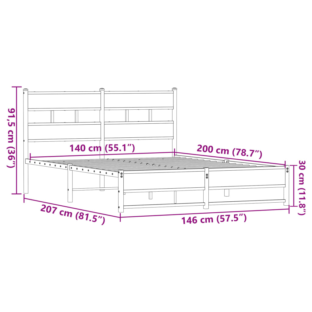 Metalni okvir kreveta bez madraca smeđa boja hrasta 140x200 cm