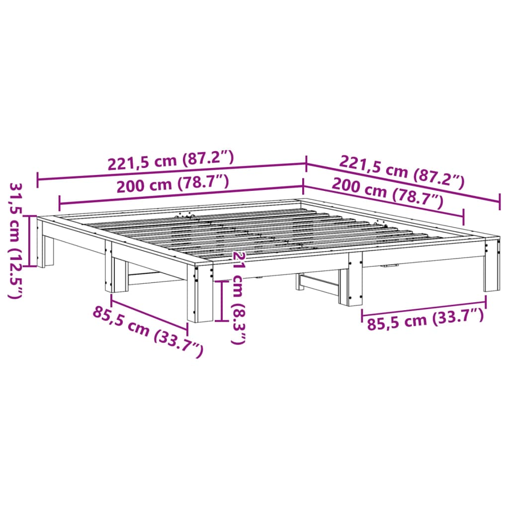 Okvir kreveta bez madraca bijeli 200x200 cm od masivne borovine