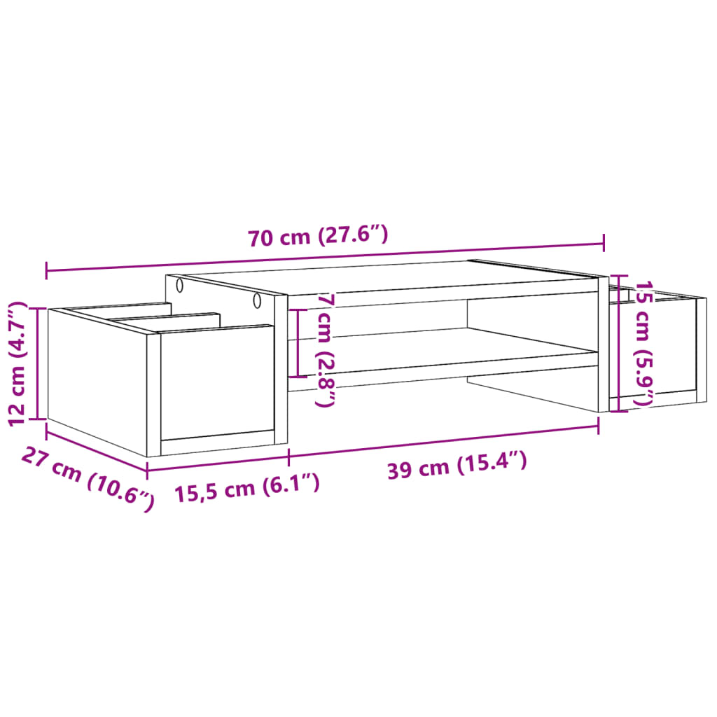 Stalak za monitor s pohranom boja hrasta 70 x 27 x 15 cm drveni