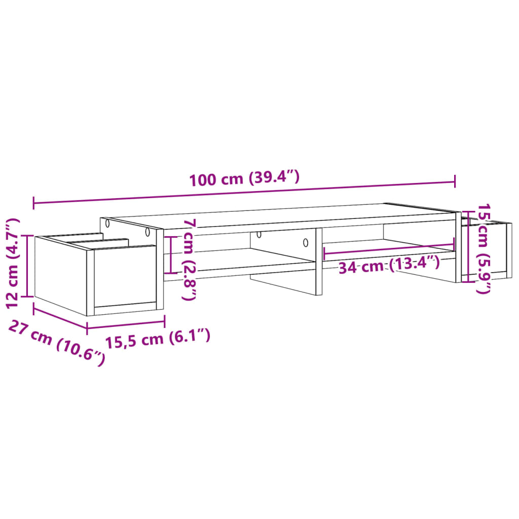Stalak za monitor sa spremištem boja betona 100x27x15 cm drveni