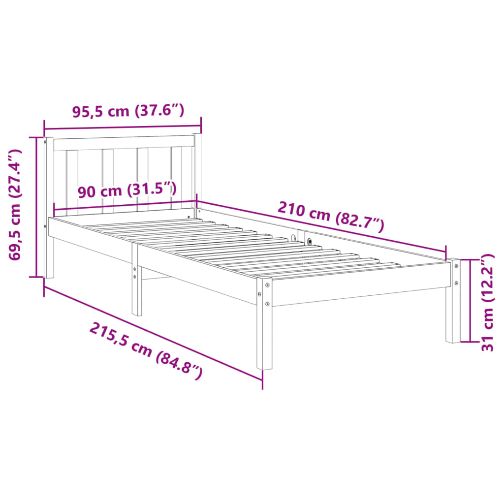 Okvir kreveta bez madraca bijeli 90x210 cm masivna borovina