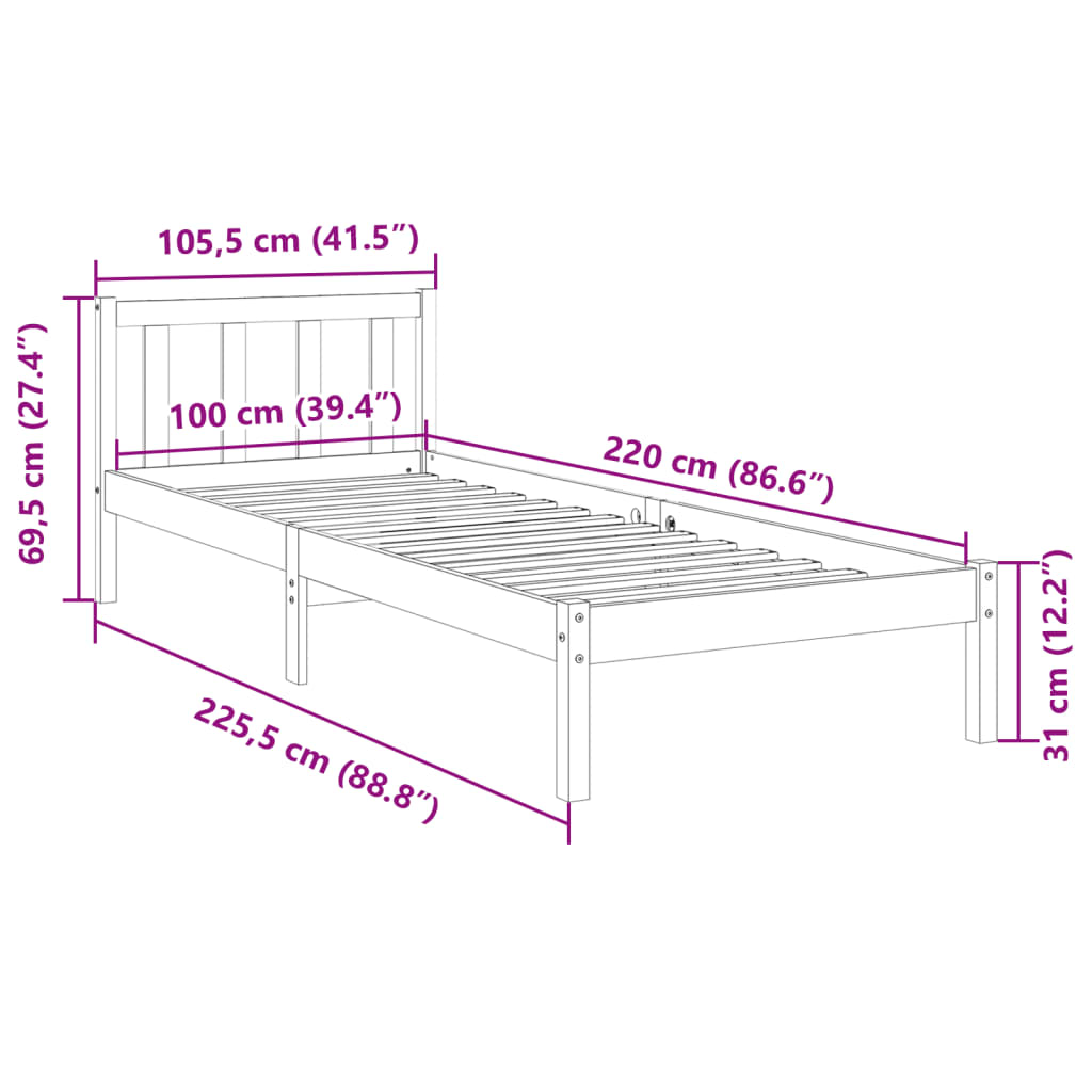 Dugi okvir kreveta bez madraca 100 x 220 cm masivna borovina