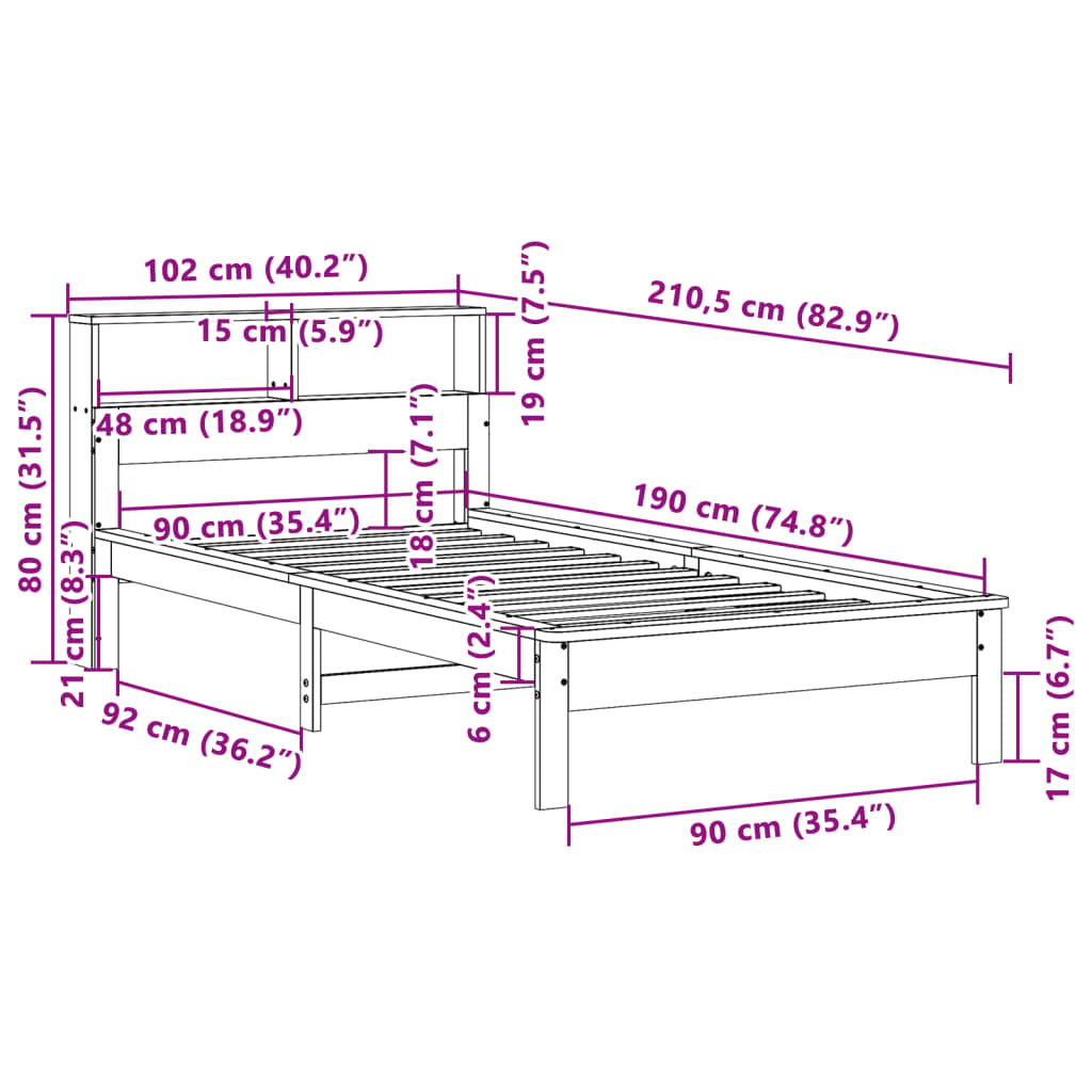 Krevet s regalom za knjige bez madraca bijeli 90x190cm borovina