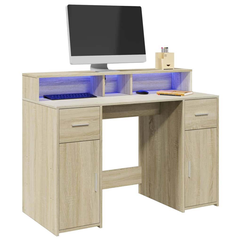 Radni stol s LED svjetlima hrast 120x55x91 cm konstruirano drvo
