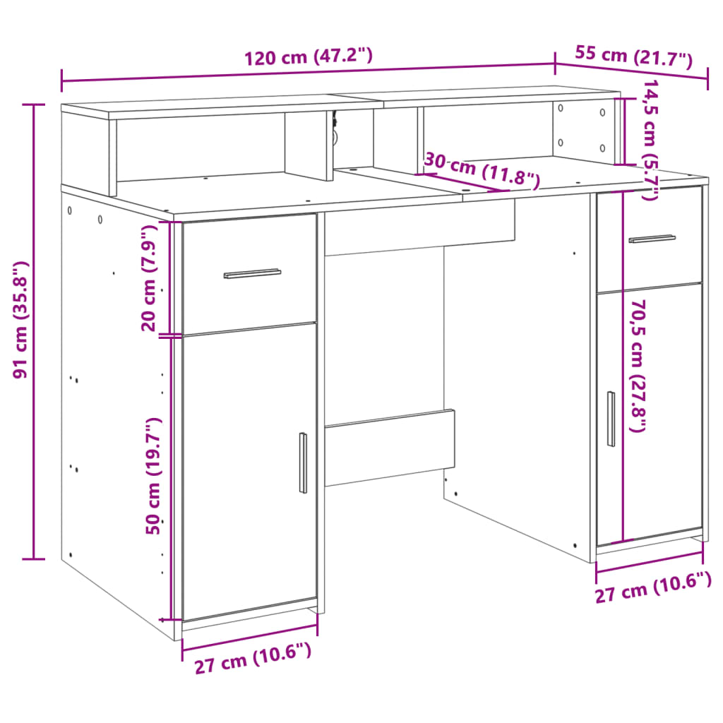 Radni stol s LED svjetlima boja starog drva 120x55x91 cm drveni
