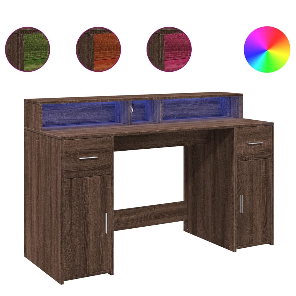 Radni stol s LED svjetlima smeđa boja hrasta 140x55x91cm drveni