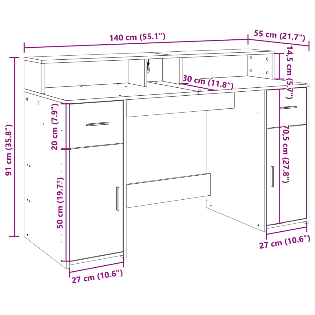 Radni stol s LED svjetlima smeđa boja hrasta 140x55x91cm drveni