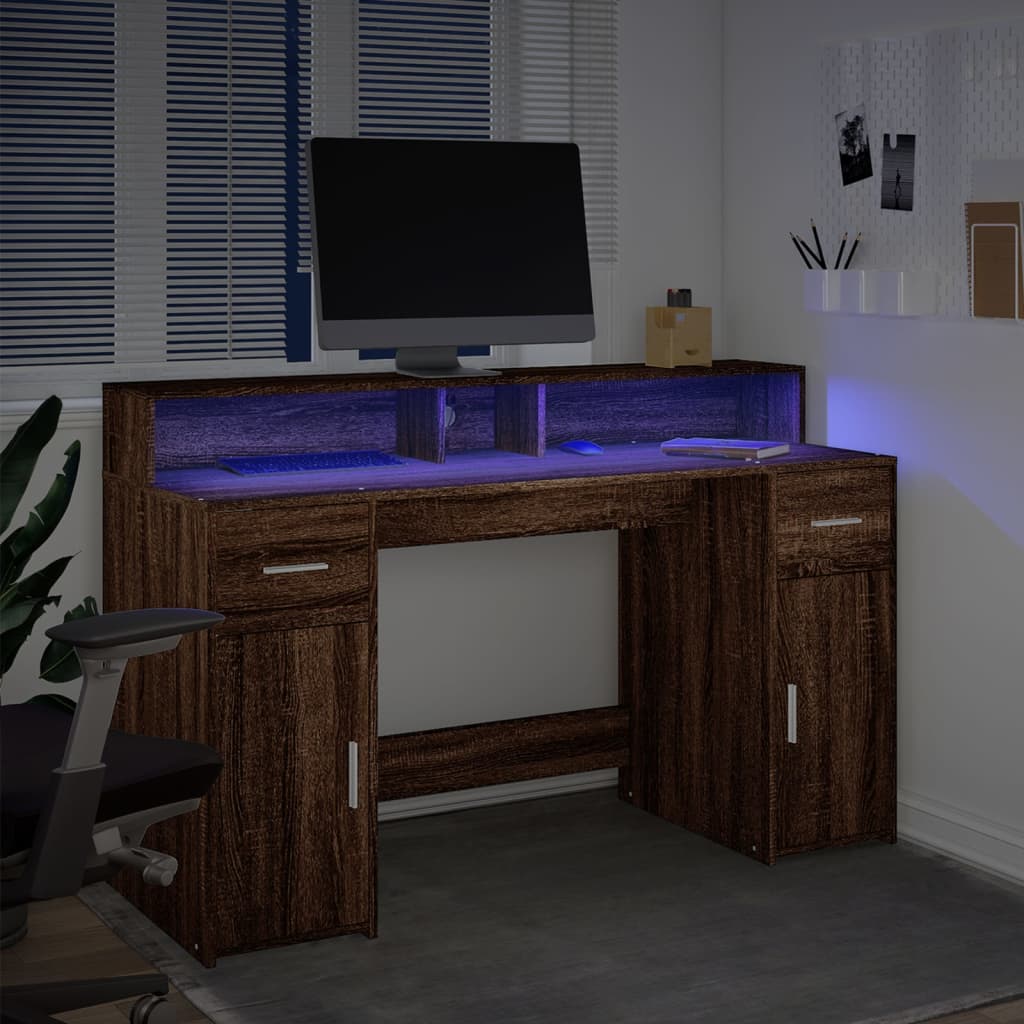 Radni stol s LED svjetlima smeđa boja hrasta 140x55x91cm drveni